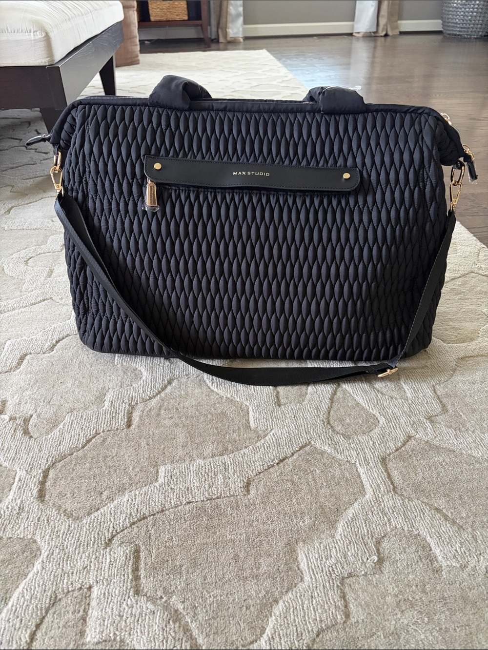 Max Studio Black Quilted Travel Tote with Gold Hardware